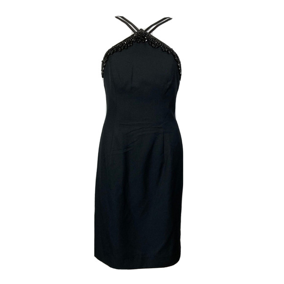 En Francais Huey Waltzer Dress Sz 6 Black Beaded Strappy Halter‎ Sheath Cocktail - Picture 1 of 11